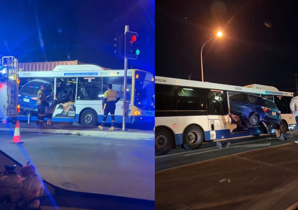 澳洲发生一起离奇车祸,一辆丰田Yaris,不明原因高速撞穿大巴士,车辆直接卡住, 事故原因当地警方已经展开调查。 (网友@soy_____latte___授权)