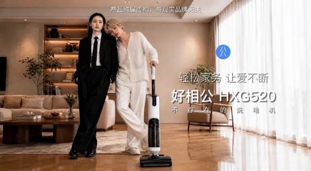 身着家居服的男子依靠在身着西装的女子肩上，手持洗地机