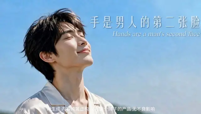 一个男性仰头微笑，广告文字：手是男人的第二张脸
